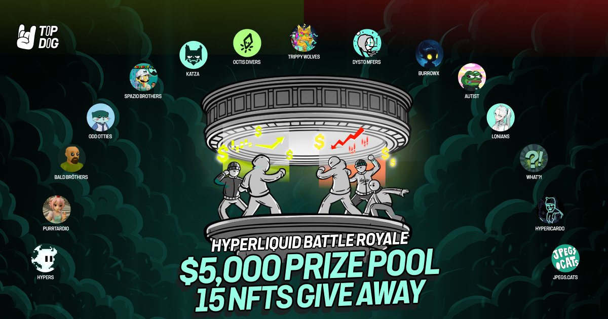 TopDog ๐ค (@topdog_perp) on Twitter photo Perp Battle Royale on <a href="/HyperliquidX/">Hyperliquid</a> โ powered by 15 top NFT collections
To celebrate the madness of Battle Royale, we give away 15 exclusive NFTs from Hyperliquidโs elite projects to participants.
How to join:
1. Join the Battle Royale โ topdog.gg/battle-royals/โฆ
2. Deposit at Perp Battle Royale on <a href="/HyperliquidX/">Hyperliquid</a> โ powered by 15 top NFT collections
To celebrate the madness of Battle Royale, we give away 15 exclusive NFTs from Hyperliquidโs elite projects to participants.
How to join:
1. Join the Battle Royale โ topdog.gg/battle-royals/โฆ
2. Deposit at