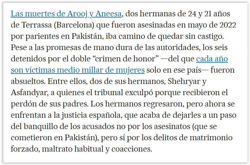 Hace 3 días debatía con <a href="/TierrayaguaVeng/">tierrayagua</a> , <a href="/Villamar2018/">@VillaMar 🐈🐈‍⬛</a> y <a href="/feministes_cat/">Feministes de Catalunya</a> sobre qué hacer para que el asesinato de dos mujeres en Pakistán no quede impune. La buena noticia es que ya se está haciendo, como informó ese mismo día <a href="/jesusgbueno/">Jesús García Bueno</a> en El País.
elpais.com/sociedad/2025-…