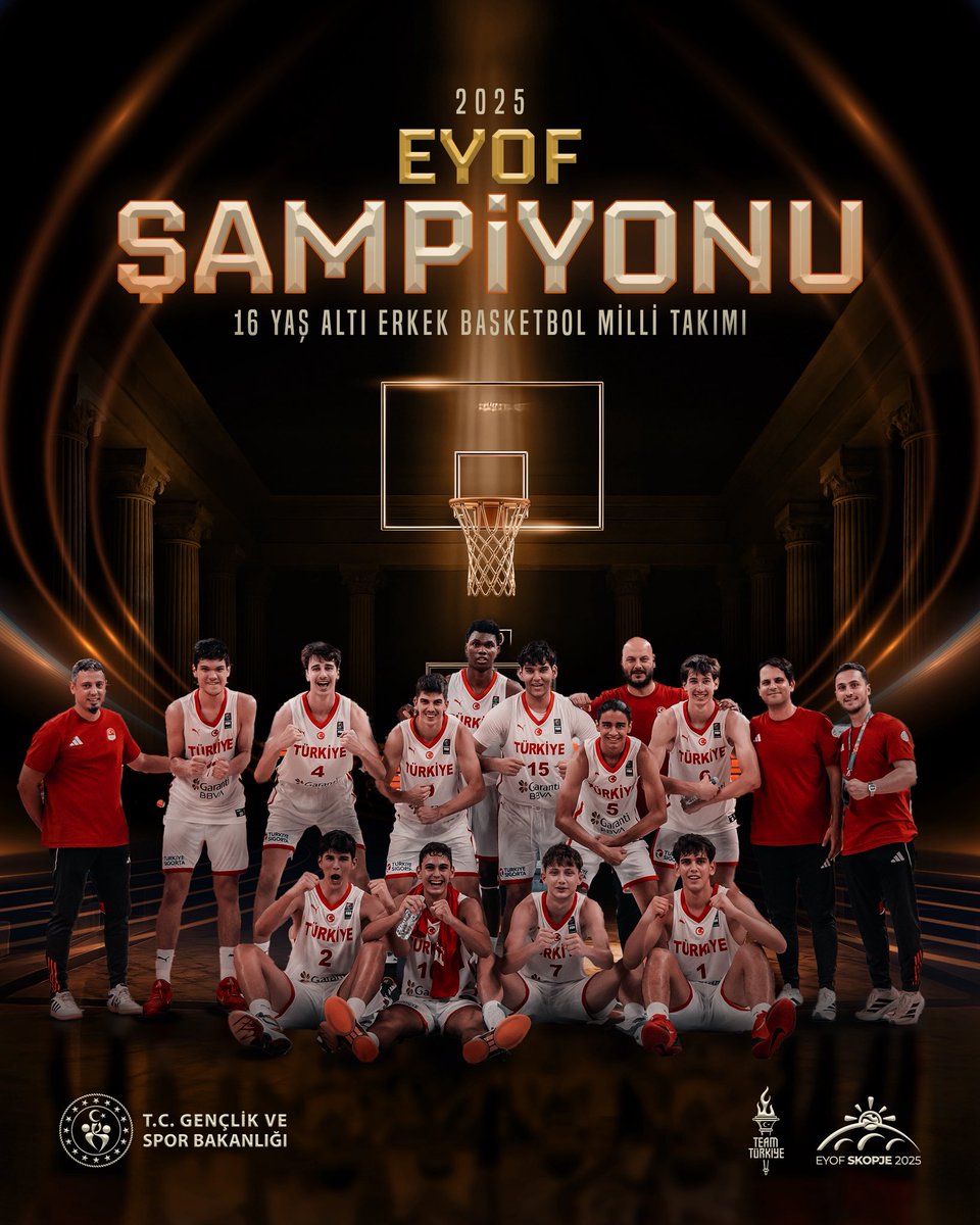 ŞAMPİYONUZ!🇹🇷

🏀16 Yaş Altı Erkek Basketbol Milli Takımımız, Üsküp 2025 Avrupa Gençlik Olimpik Yaz Festivali'nde (EYOF) Fransa'yı finalde 91-75 yenerek şampiyon oldu.🥇✨🏆

Harikasınız çocuklar!👏🏻

#TeamTürkiye #EYOF2025