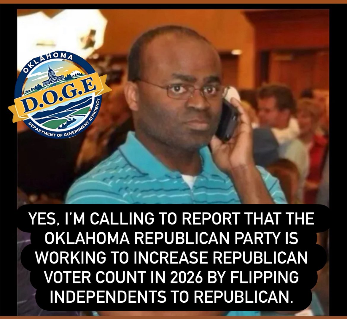 OklahomaDOGE's tweet image. Cat is out of the bag. 😹😹😹
For those that missed it on Thursday night our speaker @LtGovPinnell told a packed fundraiser of patriots that the time has come that we drive the Republican count up!
The @officialOKGOP is working day and night to register voters as Republicans.…
