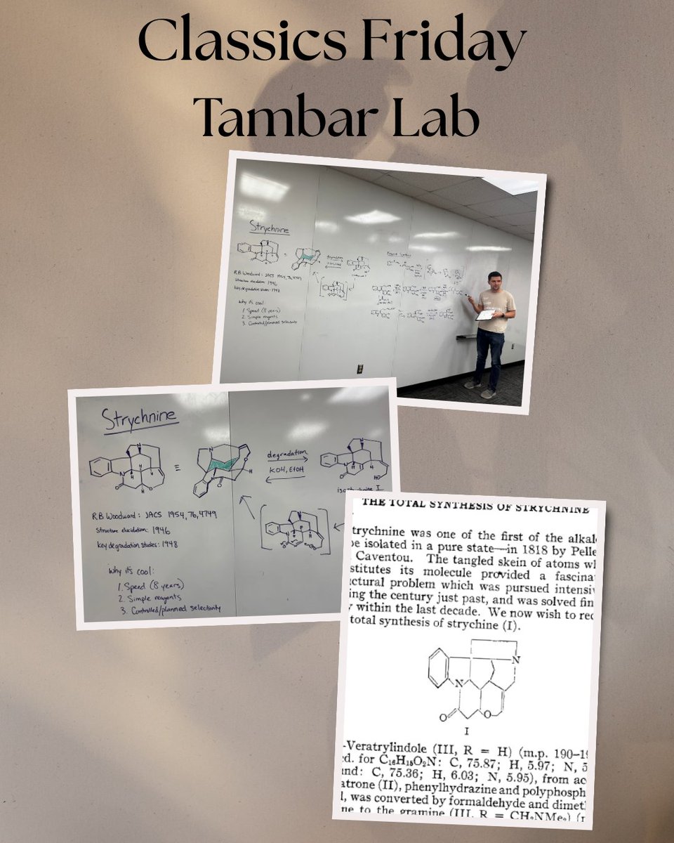 TambarLab's tweet image. This week in #ClassicsFriday, grad student Nate Schmitt @callmefortuNate discussed the groundbreaking synthesis of Strychnine from G.O.A.T. Woodward (Classics in Total Synthesis, Nicolaou and Sorensen): pubs.acs.org/doi/10.1021/ja…
What’s your favorite total synthesis by Woodward?