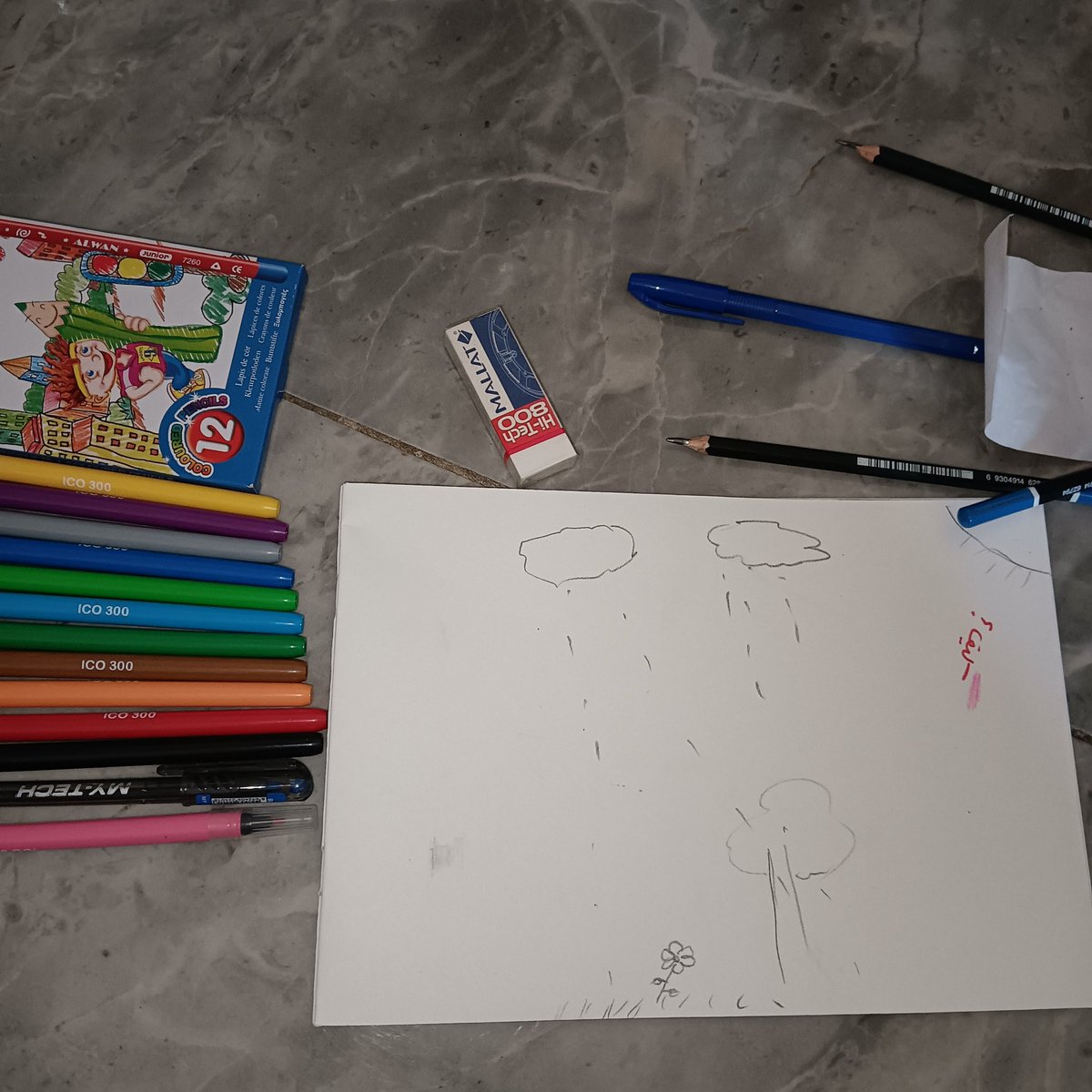 ROWANHEHE's tweet image. رسمة اختي اللي نازله تمتحن قدرات تربيه فنية بكره