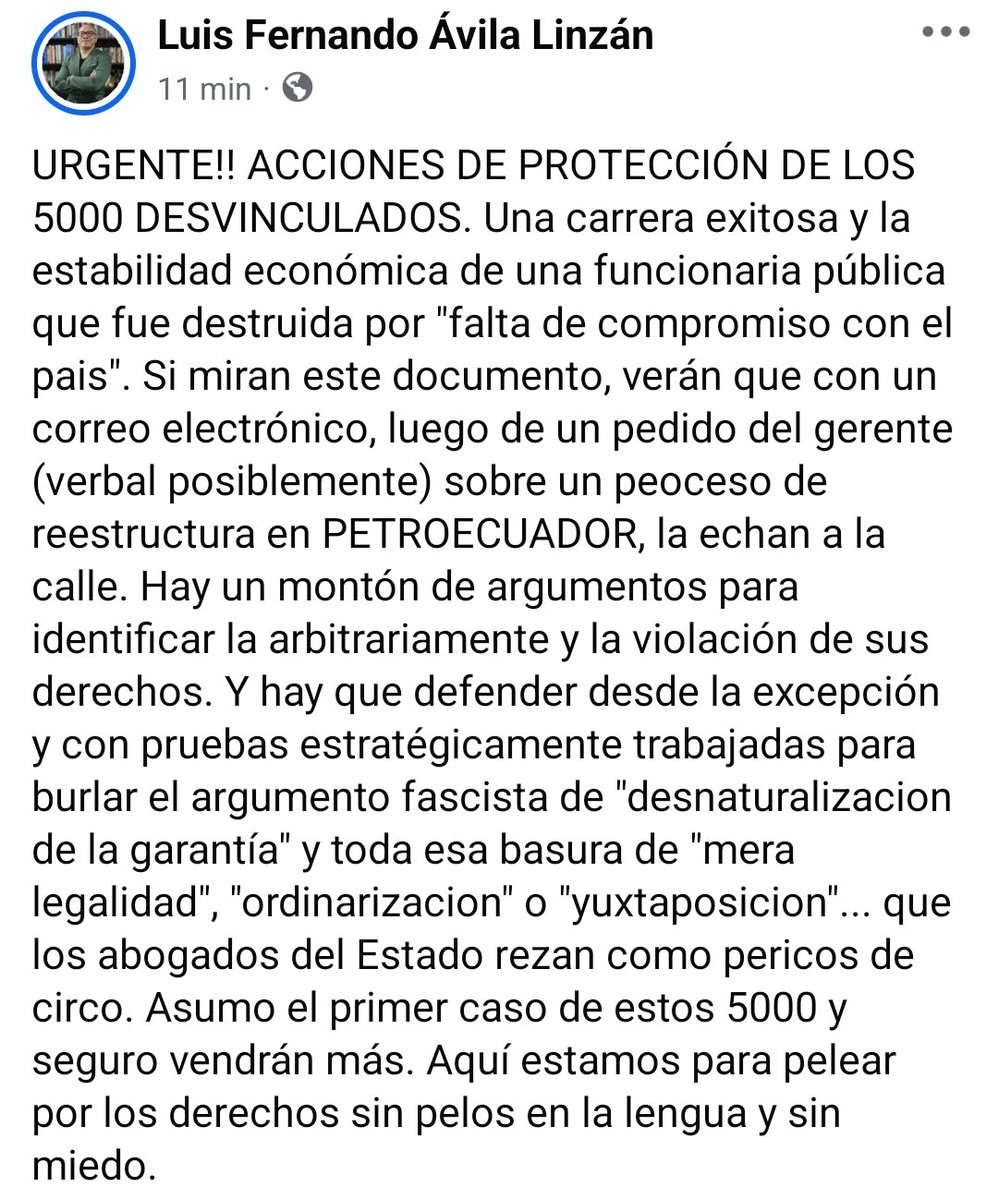 AvilaLinzan's tweet image. URGENTE. ACCIONES DE PROTECCIÓN en favor de los 5000 desvinculados por "falta de compromiso con el país". Hay muchos jueces con conocimiento, independencia y consciencia social. A defender desde la excepción contra la falacia fascista de "mera legalidad"...