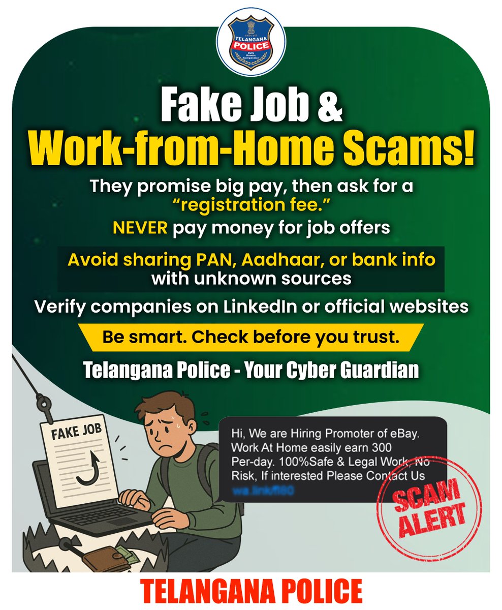 Easy job from home!

Sounds great until they ask for money. Don’t fall for fake job promises online. 

#JobScam #CyberAware #TelanganaPolice