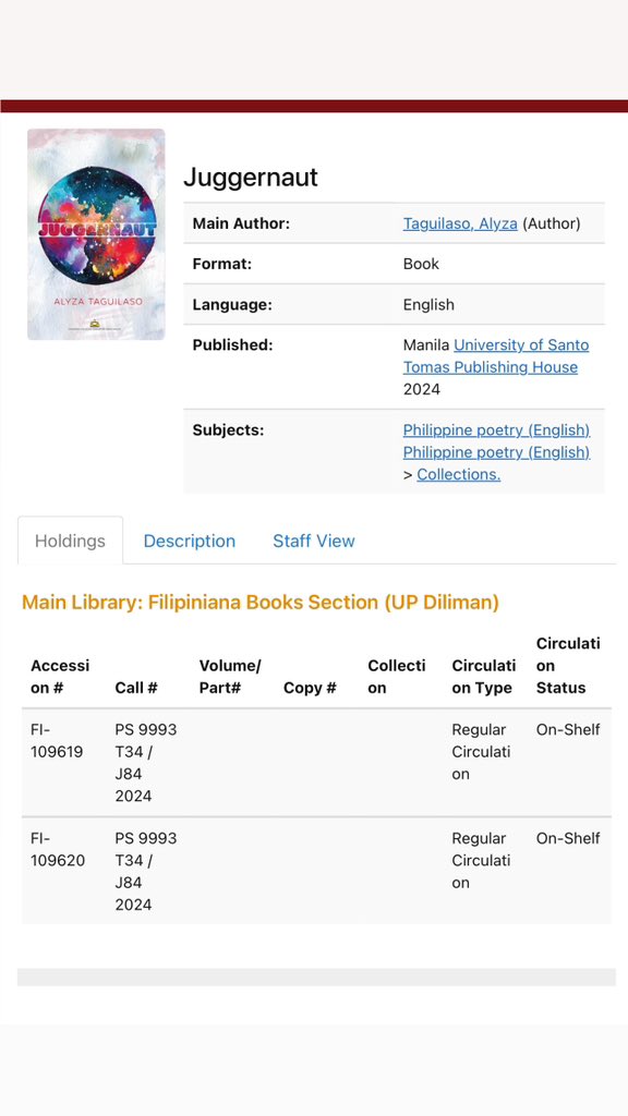 Juggernaut is available in the UP Diliman library! 🥹 &amp; 2 copies pa!
Happy for another step closer to reaching a wider audience for this not-so-smol book of poetry 🥰🩵 #philppinepoetry #poetry