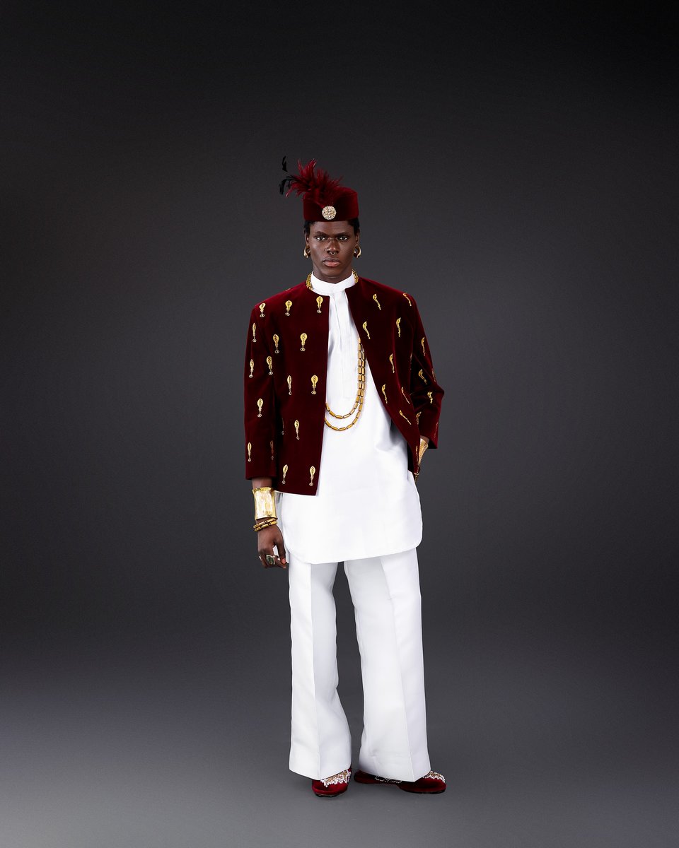 A mahogany red crop big cut jacket with Benin embroidery logo, mikado white kaftan big cut top and pants with Tunisian inspired hat with floral details.

#bespoke #emefiele #Kaftan #wedding #london #photograghy #MUFC #forcebook #YEONJUN #MORA #konate #Styles