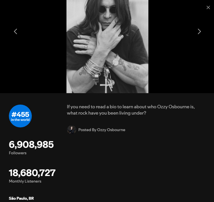 EctoLorean's tweet image. i dont remember what his worldwide ranking was before his passing but ozzy osbourne is now #455 in the world and has shot up at least 2 million monthly listeners since i started leaving his music running for background noise 24/7 when he passed
#ozzy #ozzyosbourne