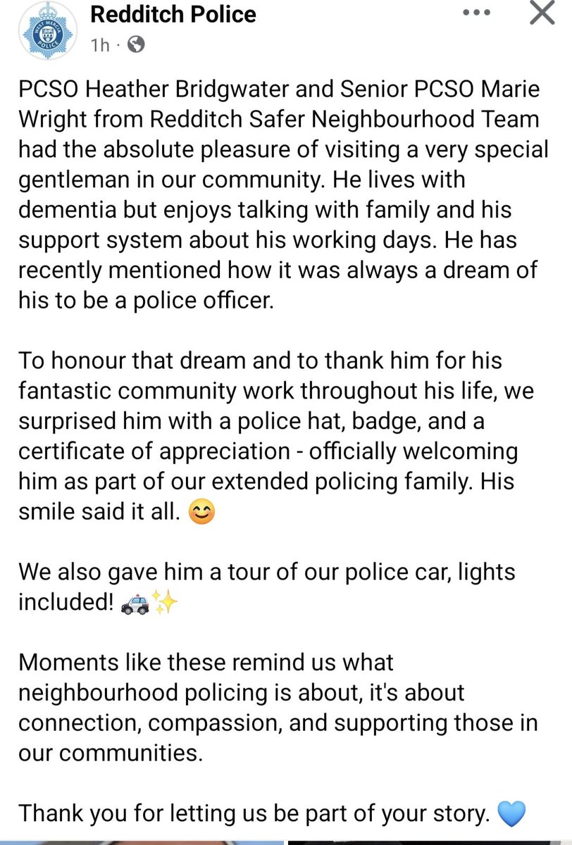 InspRichField's tweet image. A great example of neighbourhood policing in action. 💙

Redditch Police made a gentleman&apos;s lifelong dream of being a police officer come true — complete with a badge, hat, and even a tour of the police car! 🚓✨

 #NeighbourhoodPolicing #CommunityMatters