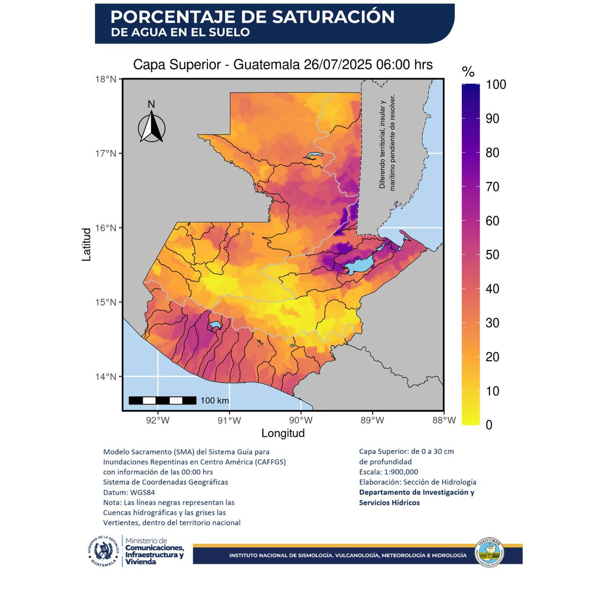 insivumehgt's tweet image. Capa Superior:
Porcentaje de saturación de agua en el suelo, capa superior que comprende de los 0 a 30 centímetros de profundidad, correspondiente al 26 de julio de 2025.
Enlace de consulta: insivumeh.gob.gt/?p=2008
#SomosINSIVUMEH #PasiónPorLaCiencia #ElPuebloDignoEsPrimero #CIV
