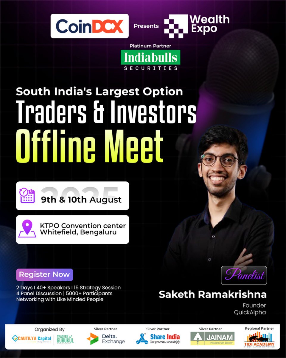 Register for Free: 

Get Exclusive access to one of the biggest trading &amp; investing event Bangalore Wealth Expo for FREE

📍 Bangalore Wealth Expo 2025
🗓️ Date: 09 &amp; 10 August 2025 (Saturday &amp; Sunday)
🕘 Time: 9:00 AM to 6:00 PM
📌 Venue: KTPO, Whitefield, Bengaluru

👉 Register