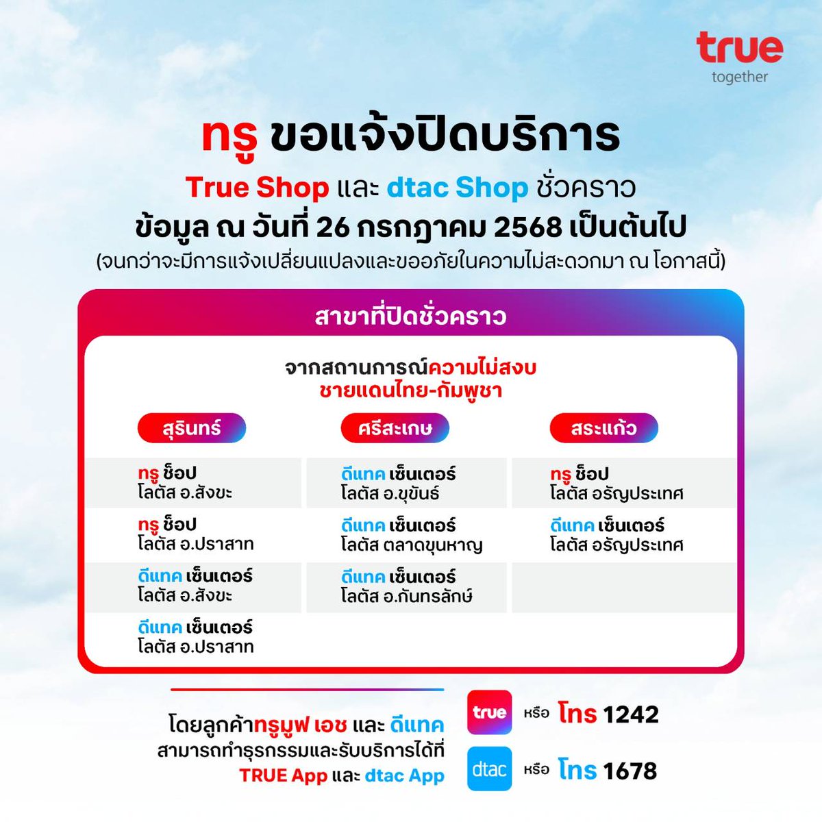 dtac's tweet image. เนื่องด้วยสถานการณ์ความไม่สงบบริเวณชายแดนไทย-กัมพูชา
ทรู คอร์ปอเรชั่น ขอแจ้งปิดบริการ True Shop และ dtac Center ในพื้นที่เสี่ยงเป็นการชั่วคราว
ตั้งแต่วันที่ 26 กรกฎาคม 2568 เป็นต้นไป (จนกว่าจะมีการแจ้งเปลี่ยนแปลงและขออภัยในความไม่สะดวกมา ณ โอกาสนี้)
.
สาขาที่ปิดทำการชั่วคราว…