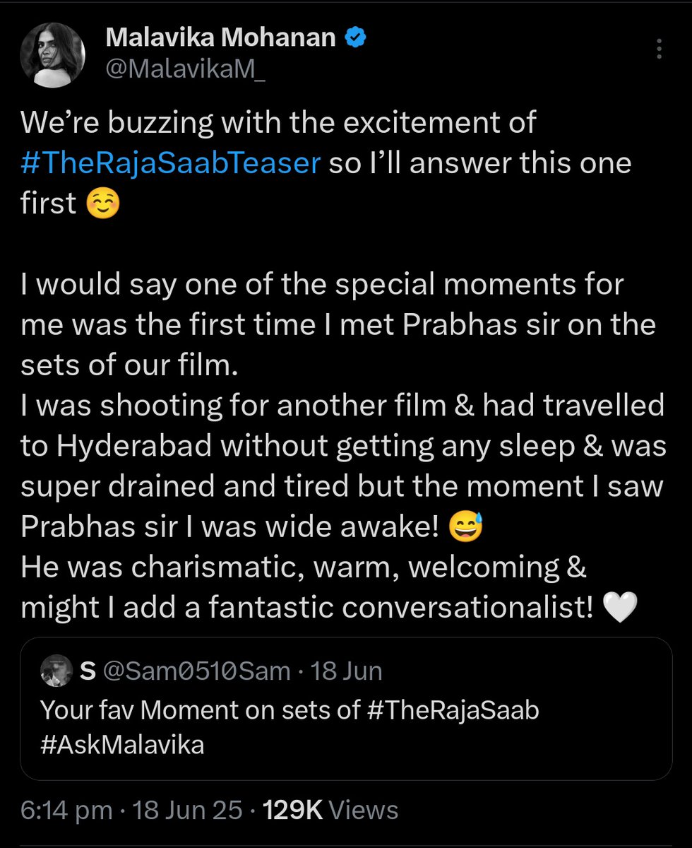 PrabhasNetwork_'s tweet image. Our #TheRajaSaab Actress - #MalavikaMohanan Shared Her Favourite Moment On Sets 😍❤️🔥
The First Meet with Our Darling #Prabhas ❤️
"He was Charismatic, warm, welcoming & might I add a Fantastic Conversationalist" ❤️🥰