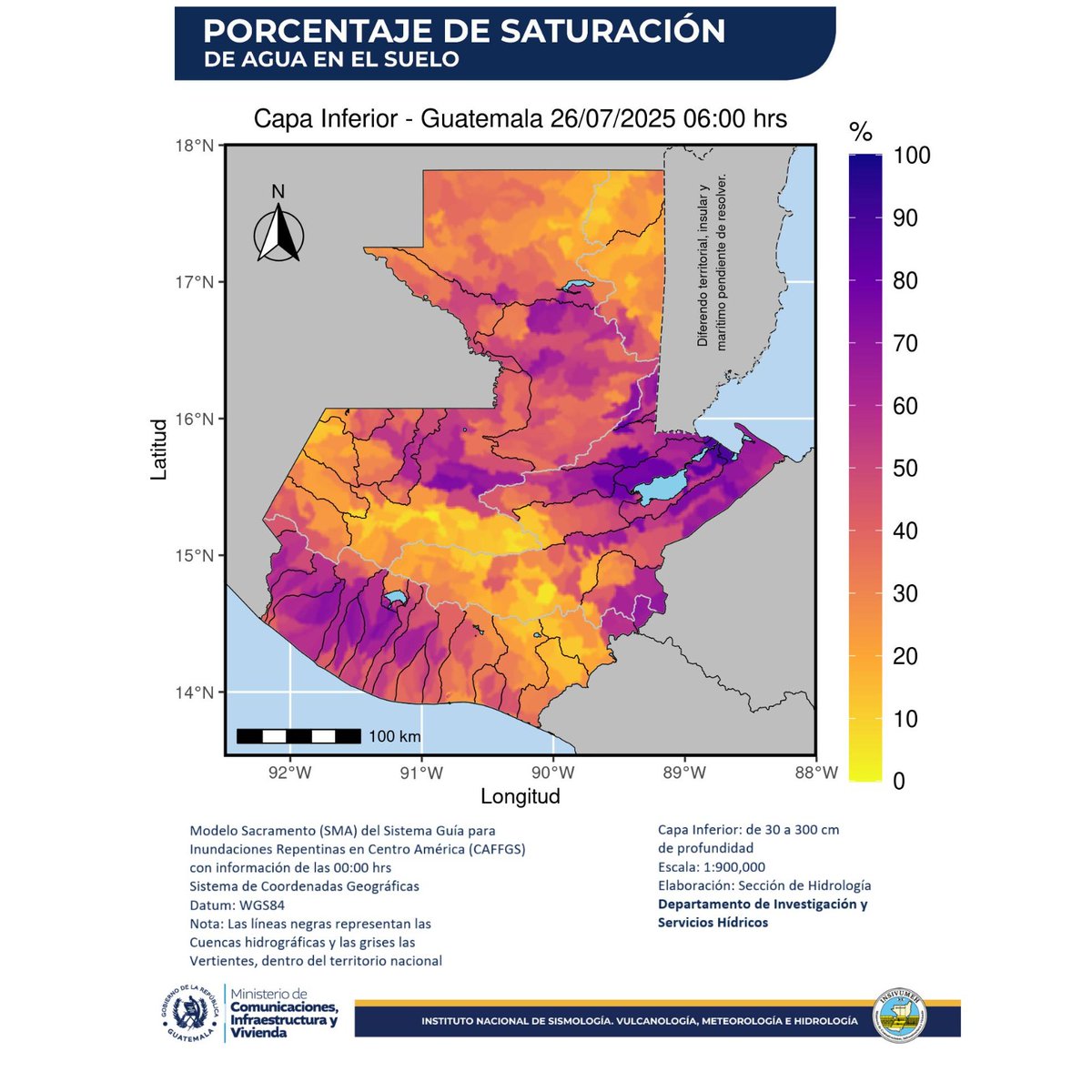 insivumehgt's tweet image. Capa Inferior:
Porcentaje de saturación de agua en el suelo, capa inferior que comprende de los 30 a 300 centímetros de profundidad, correspondiente al 26 de julio de 2025.
Enlace de consulta: insivumeh.gob.gt/?p=2008
#SomosINSIVUMEH #PasiónPorLaCiencia #ElPuebloDignoEsPrimero