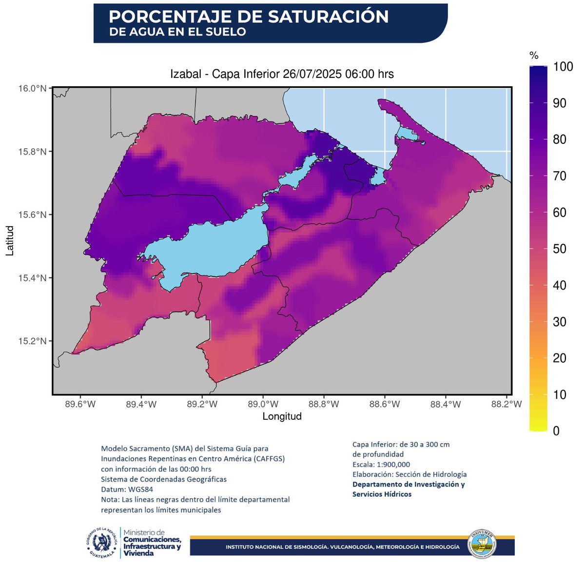 insivumehgt's tweet image. Capa Inferior:
Porcentaje de saturación de agua en el suelo, capa inferior que comprende de los 30 a 300 centímetros de profundidad, correspondiente al 26 de julio de 2025.
Enlace de consulta: insivumeh.gob.gt/?p=2008
#SomosINSIVUMEH #PasiónPorLaCiencia #ElPuebloDignoEsPrimero