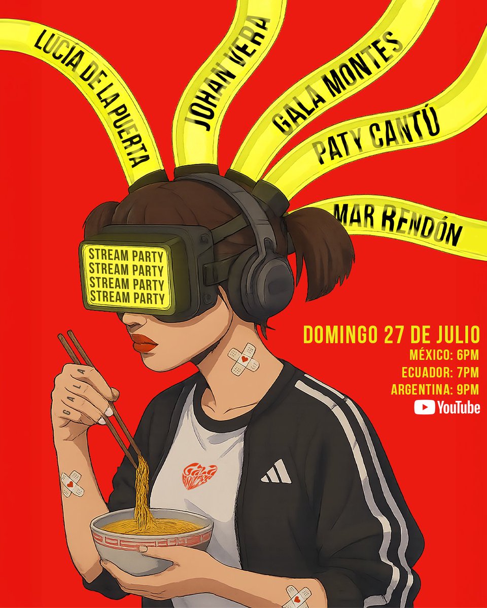 Gala Montes News (@newsgalamontes_) on Twitter photo 🚨 ¡Este domingo 27 de julio se viene otro Stream Party!
Nos conectamos por YouTube para escuchar juntxs a Lucía de la Puerta, Johann Vera, Gala Montes, Paty Cantú y Mar Rendón 🎧🔥
⏰ MÉX 6PM | ECU 7PM | ARG 9PM
🍜 ¿Listxs para cantar y vibrar?
<a href="/MundoPatyCantu/">Mundo Paty Cantú</a> <a href="/Ohanadlpfc/">OHANA DLP-FC🖤💚</a> 🚨 ¡Este domingo 27 de julio se viene otro Stream Party!
Nos conectamos por YouTube para escuchar juntxs a Lucía de la Puerta, Johann Vera, Gala Montes, Paty Cantú y Mar Rendón 🎧🔥
⏰ MÉX 6PM | ECU 7PM | ARG 9PM
🍜 ¿Listxs para cantar y vibrar?
<a href="/MundoPatyCantu/">Mundo Paty Cantú</a> <a href="/Ohanadlpfc/">OHANA DLP-FC🖤💚</a>