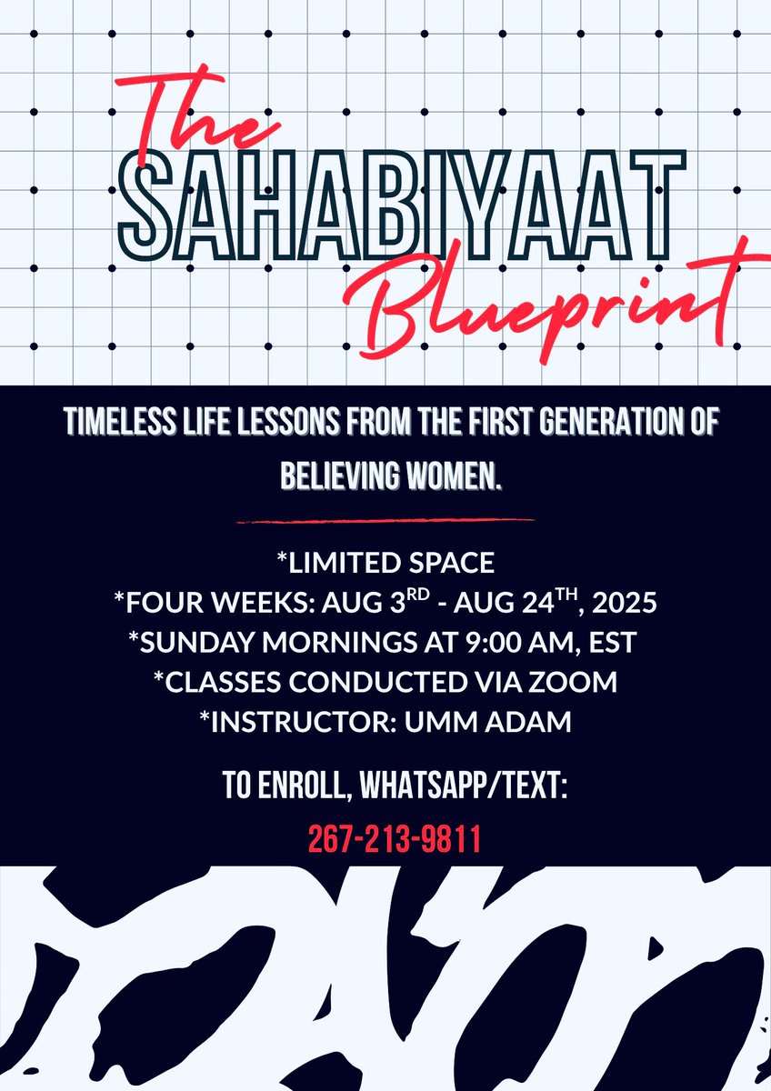 🔊 NEW FTC Women’s Class!

📑 The Sahabiyaat Blueprint

🗓️ Begins Next Sunday, 8-3-25 inshaAllah 

⏰ 9:00AM via Zoom

ℹ️ This is a four week course focusing on learning timeless life lessons from the first generation of believing women who made Tawheed their compass in times of