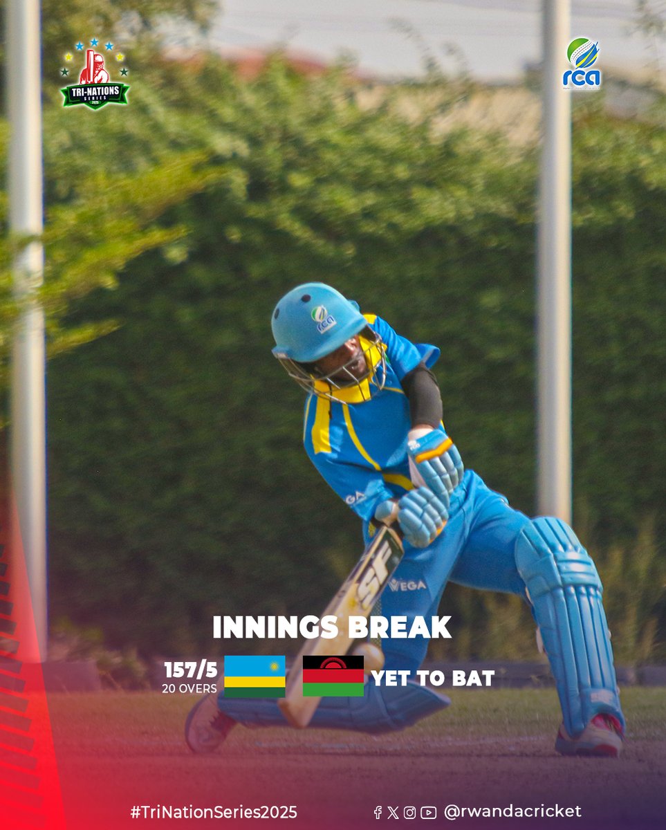 RwandaCricket's tweet image. Innings Break – Matchday 7
Rwanda set 157/5 in 20 overs.
Daniel Gumyusenge scored 68 (49), Isaie Niyomugabo added 46 (50).
#TriNationSeries2025
@cricketmalawi