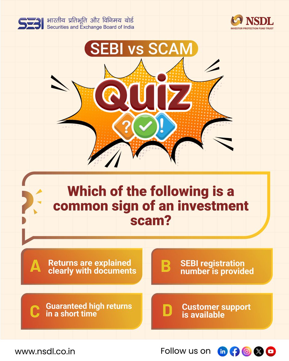 Join #SEBIvsSCAM Quiz Contest!

Win ₹10,000 Amazon Vouchers if you answer all the Five quizzes posted during 25th July – 31st July!!

Contest Dates: 25th July – 31st July 2025

Quiz Rules:

1.Mention the correct answers in the comment section along with #SEBIvsSCAM

2.Follow
