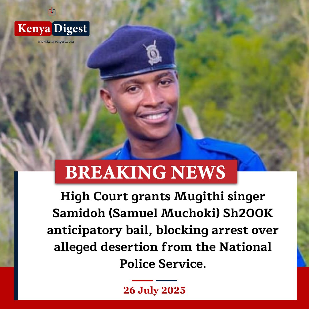 Kenya_Digest's tweet image. Kikuyu Benga artist Samuel Muchoki, alias Samidoh, wins big as the High Court grants him an anticipatory bill, therefore blocking his possible arrest by the employer (NPS) over claims of deserting duties.