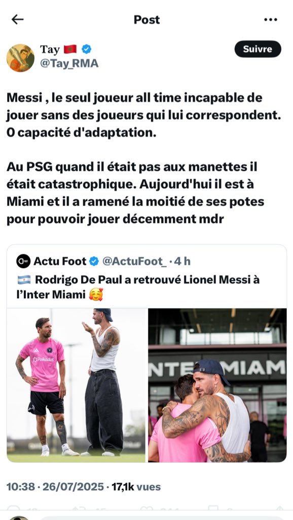 sergetrevorr's tweet image. Il m’a bloqué je peux pas citer
Avant ça disait que Messi gagne rien avec l’Argentine c’est parce qu’il est rien sans le Barca , maintenant qu’il a enchaîner 2 copa + CDM il sait pas s’adapter
( alors que le 1er trophée de Miami en league cup il l’a gagné sans eux ) 😭😭