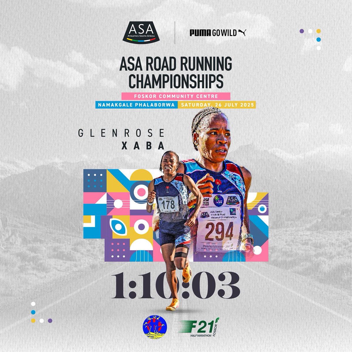 AthleticsSA_'s tweet image. On another level
Glenrose Xaba wins the National 1/2 Championships with a new course record 70:03 in hot conditions 🥵
The Rose keeps a perfect scoreboard with another 🥇at Nationals
#AsaRoadRunningChamps