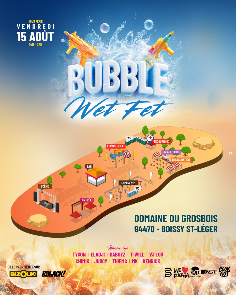 📍 Découvrez le plan de La BUBBLE WET FET !

✨ Zone VIP avec son espace chill pour une expérience exclusive.
🍹 Le Bar avec sa zone d’encaissement et son espace de retrait rapide.
🌮 Espace Food – pour profiter de délicieux stands gourmands.
🎉 Espace tables sans réservation –