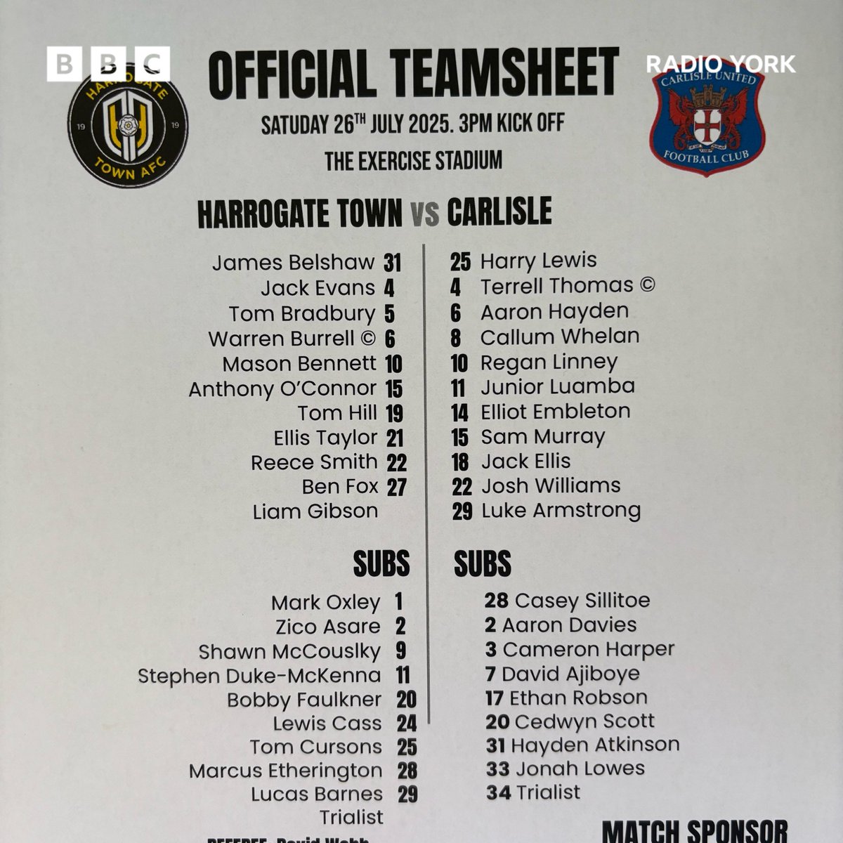 BBCYorkSport's tweet image. β½οΈ @HarrogateTown team news
James Belshaw, Warren Burrell and Ben Fox all return for Harrogate.
Former Town striker Luke Armstrong starts for Carlisle.
Updates to come on @BBCYork throughout the afternoon.
#BBCEFL | #BBCFootball