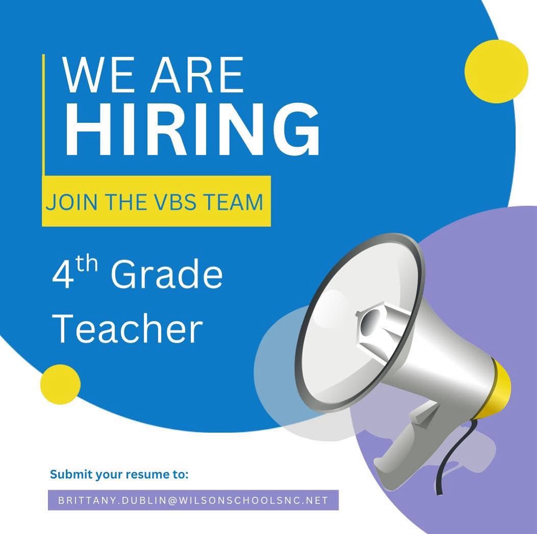 WilsonCountySchools (@wilsonschoolsnc) on Twitter photo Vinson-Bynum ES is seeking a 4th Grade Teacher! Contact and/or submit your resume to Principal Dublin at brittany.dublin@wilsonschoolsnc.net or apply online at
wilson.schoolspring.com by searching for the position.
Come work with the BEST at WCS! #WCSistheBEST #Teacherjobs Vinson-Bynum ES is seeking a 4th Grade Teacher! Contact and/or submit your resume to Principal Dublin at brittany.dublin@wilsonschoolsnc.net or apply online at
wilson.schoolspring.com by searching for the position.
Come work with the BEST at WCS! #WCSistheBEST #Teacherjobs