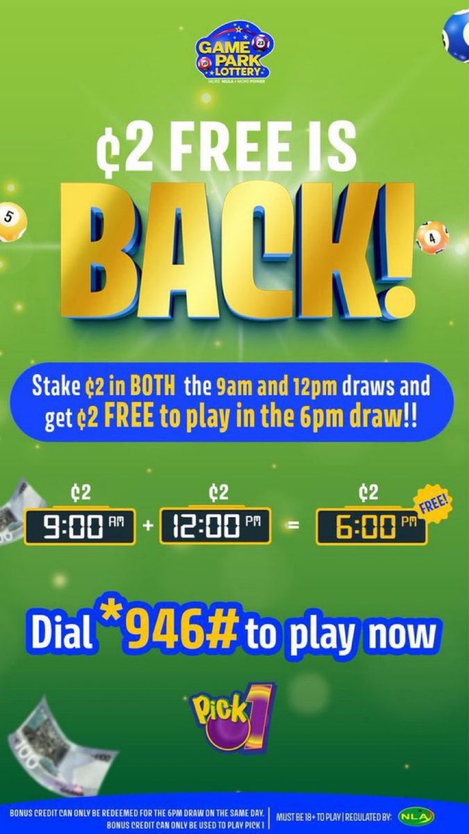 nanakodua_'s tweet image. GH₵2 FREE is back on #GamePark!
Stake GH₵2 in both the 9AM and 12PM draws, and get GH₵2 FREE for the 6PM draw.
📞 Dial *946# to play now!