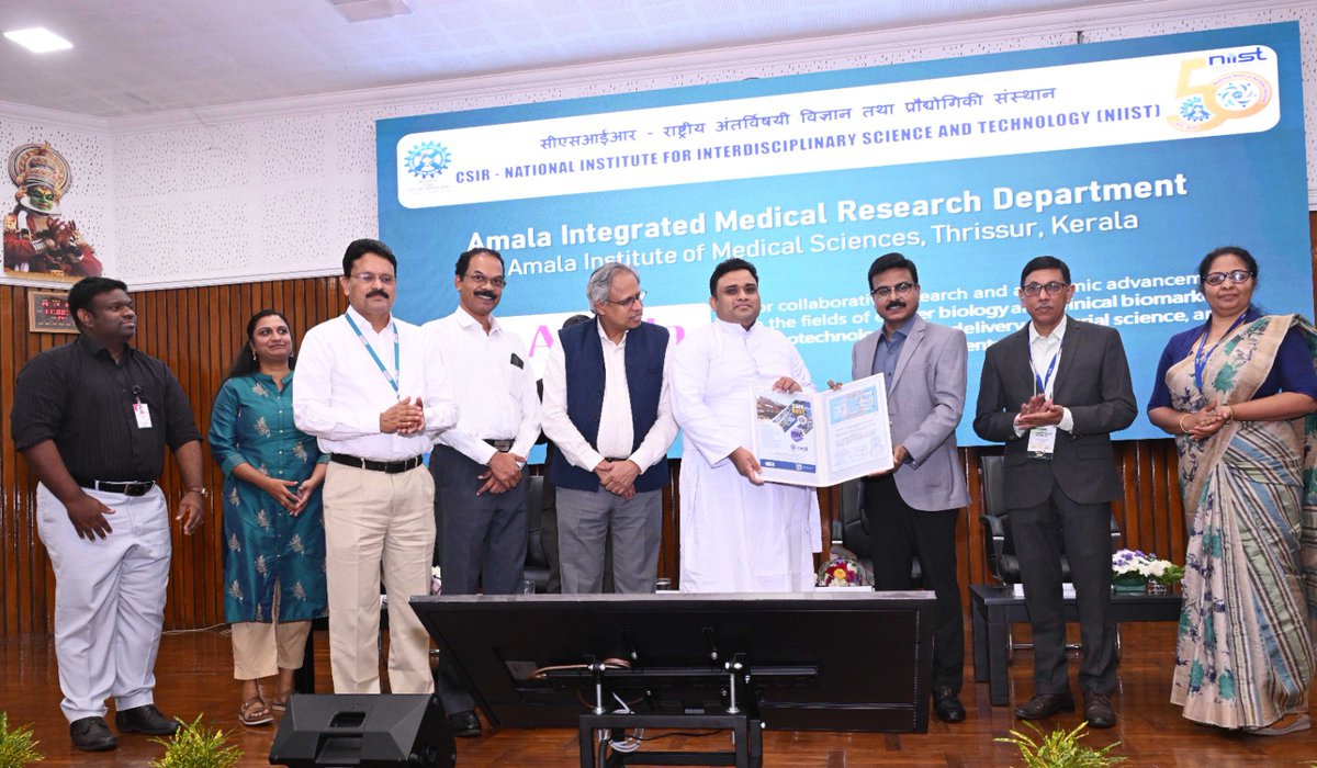 csir_niist's tweet image. CSIR-NIIST signed a  Memorandum of Understanding (MoU) with Amala Institute of Medical Sciences, Thrissur for collaborative efforts in areas such as student-faculty exchange, joint research projects, mentorship, and clinical research #niistgjmo @CSIR_IND @DrJitendraSingh