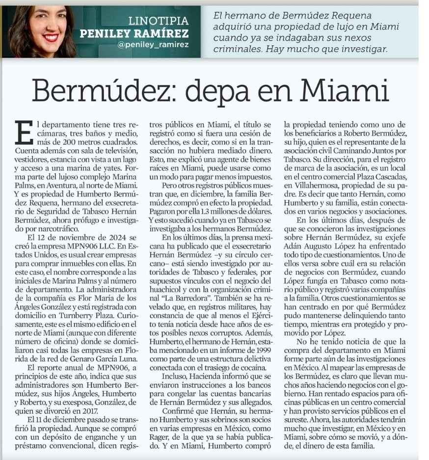Miren..

Lo que NO ha dicho Claudia Sheinbaum ni el gabinete de seguridad

El hermano de Bermúdez Requena compró una propiedad de lujo en Miami.. ¡ en el mismo edificio donde estaban las oficinas de García Luna !

Con razón Adán Augusto ya no quiere hablar del tema..

👇