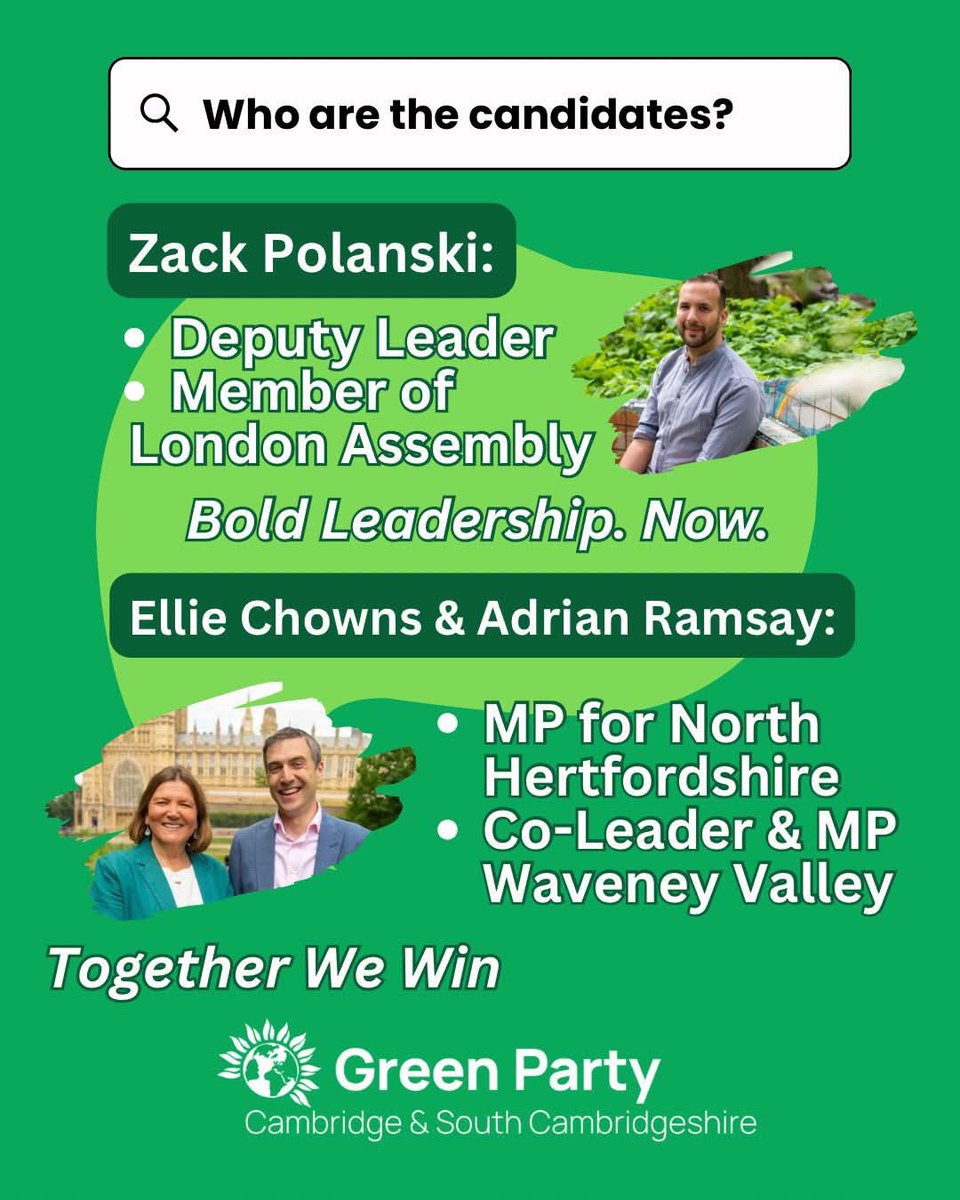 Joseph Wells (@josephw56436640) on Twitter photo Reminder, <a href="/TheGreenParty/">The Green Party</a>'s Leadership election is not long away.
Ballets open 1st - 30th August. Ballets close on 31st August.
Your candidates:
1. <a href="/ZackPolanski/">Zack Polanski</a> for Leader
2. <a href="/AdrianRamsay/">Adrian Ramsay MP</a> & <a href="/EllieChowns/">Ellie Chowns</a> for Co-Leader's.
👉 join.greenparty.org.uk before 31st July to vote Reminder, <a href="/TheGreenParty/">The Green Party</a>'s Leadership election is not long away.
Ballets open 1st - 30th August. Ballets close on 31st August.
Your candidates:
1. <a href="/ZackPolanski/">Zack Polanski</a> for Leader
2. <a href="/AdrianRamsay/">Adrian Ramsay MP</a> & <a href="/EllieChowns/">Ellie Chowns</a> for Co-Leader's.
👉 join.greenparty.org.uk before 31st July to vote