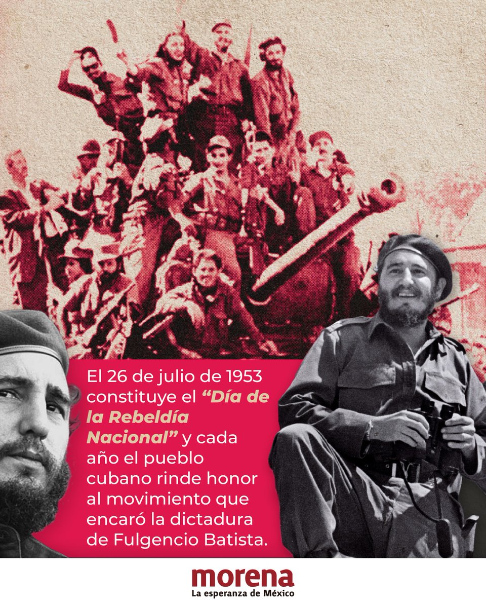 PartidoMorenaMx's tweet image. El asalto a los cuarteles Moncada en Santiago de Cuba y Carlos Manuel de Céspedes en Bayamo, bajo el liderazgo del revolucionario Fidel Castro, un 26 de julio de 1953, marcó el comienzo de la Revolución Cubana.
Esta lucha contra la dictadura del golpista Fulgencio Batista, se…