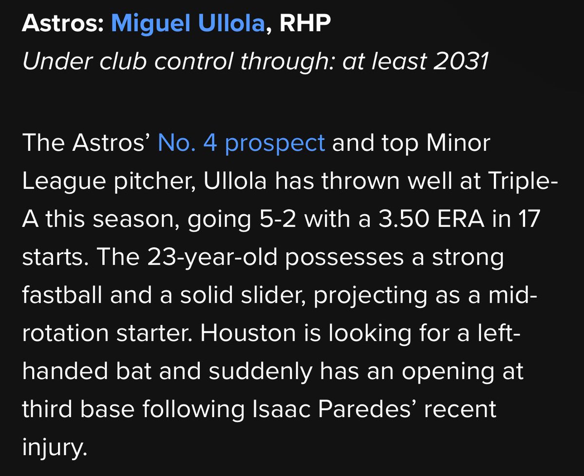 HoUcards's tweet image. Astros minor league pitcher and #4 team prospect might be in consideration with the trade deadline approaching
H/t: @Feinsand