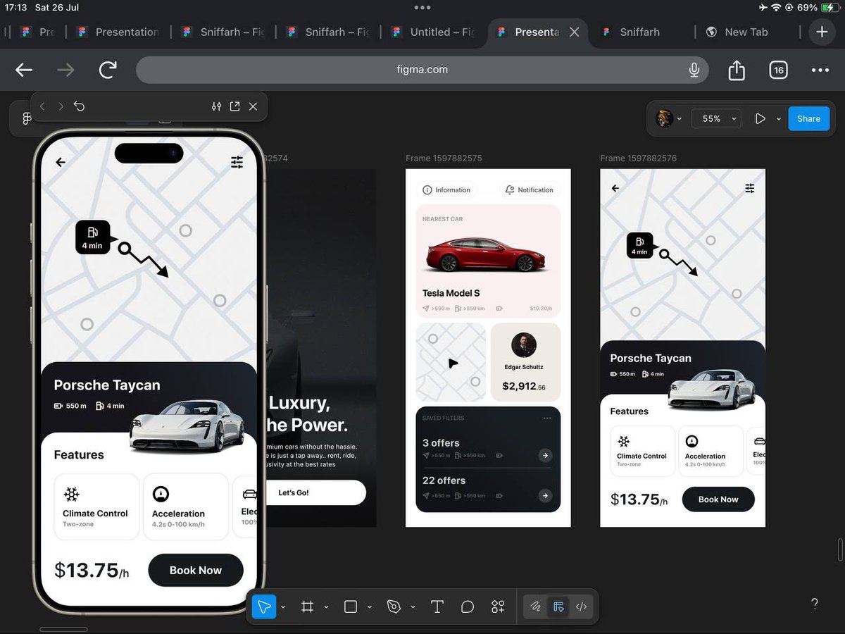 I designed a luxury car rental app with a sleek, modern edge.

Key highlights:
– Minimal UI with premium vibes
– Smart filters &amp; real time maps
– Smooth booking flow
– Clean car previews with pricing
– And yes… that crisp black &amp; white elegance.
Fast, stylish, and road ready.