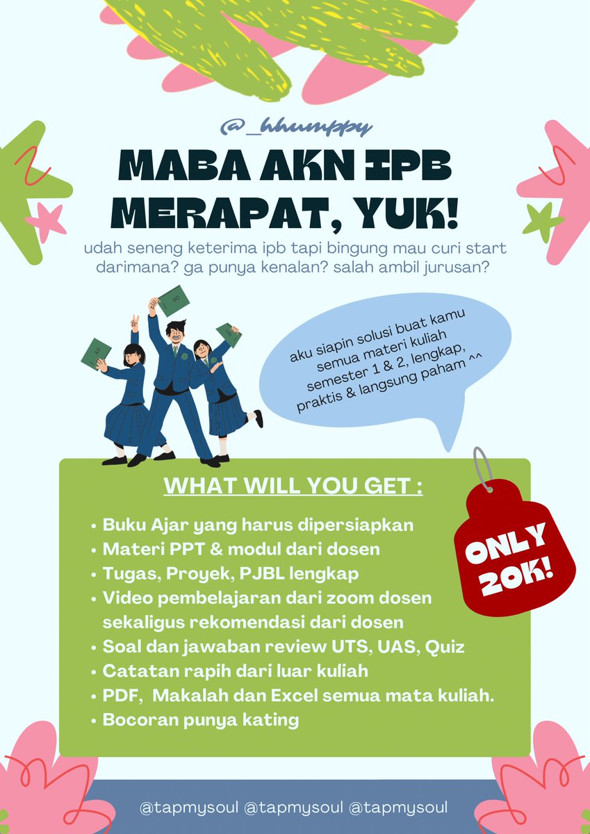 _hhumppy's tweet photo. Mahasiswa Baru ‘62 Akuntansi IPB? Takut banget gasih day 1 kuliah jadi Denis😲

MULAI DARI SEKARANG BANGET NIH buruan akses paket komplit materi semester 1 &amp; 2 dalam satu link Google Drive aja! auto ipk 4 (aamiin)

‼️Cuma 20K‼️
DM dulu > payment > akses deh!

DM ig : @tapmysoul https://t.co/QI4rFPVWlT