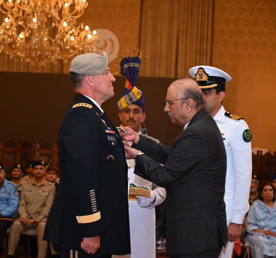 Nishan-e-Imtiaz (Military) to General Michael Kurilla For Bombing Iran’s Nuclear Sites. 

President of Pakistan has awarded the prestigious Nishan-e-Imtiaz (Military) to General Michael Kurilla, Commander of U.S. CENTCOM For Operation Midnight Hammer.
Gen Kurilla Played a Crucial
