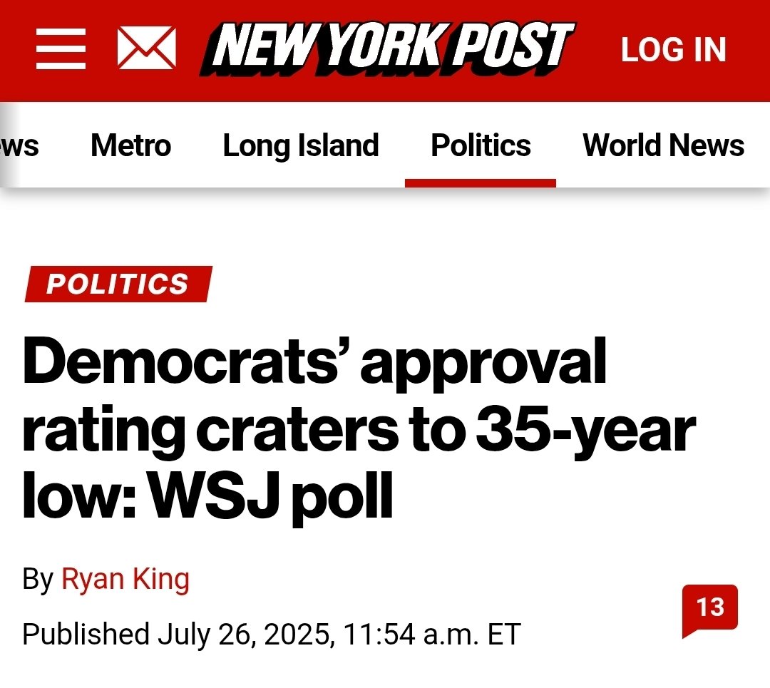 TheCCShowcast's tweet image. 🔸️Dems approval rating with registered voters has plummeted to a 35-year low.
🔸️Republicans maintain an edge on most of the top issues Americans care about, the new poll found.