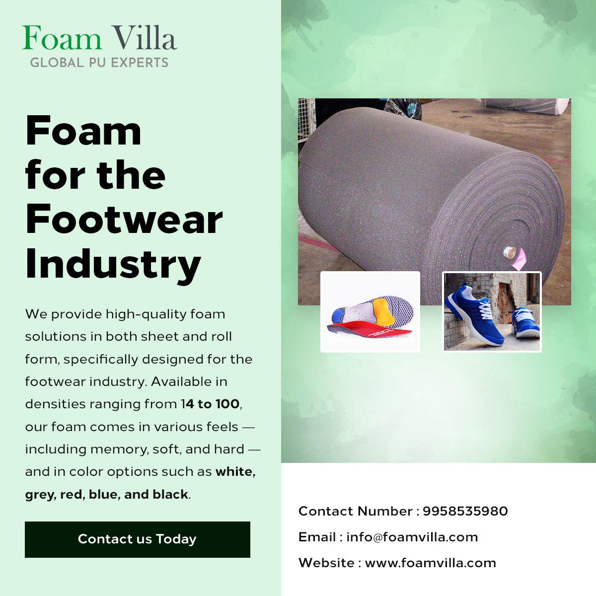 foamvilla's tweet photo. Durable, lightweight foam for the footwear industry—boosting comfort, shock absorption &amp; performance. Perfect for soles, insoles &amp; padding. #FootwearFoam #ShoeMaterials #ComfortTech #SoleInnovation #FootwearIndustry https://t.co/R9viHmXgM0
