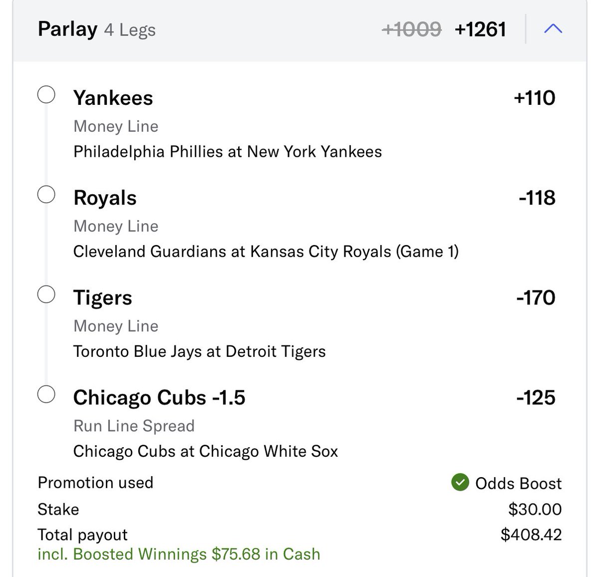 PicksHunch0's tweet image. MLB 4 Team Parlay +1260 🍀