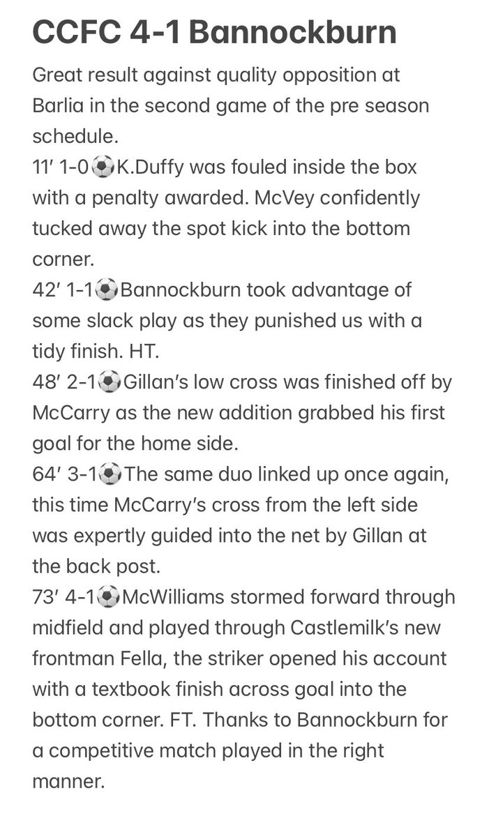 CCFC Saturday (@castlemilkobc) on Twitter photo CCFC 4-1 BANNOCKBURN
⚽️🎯<a href="/jamiegillan67/">Jamie Gillan</a>
⚽️🎯D.McCarry
⚽️<a href="/ConorMcVeyy/">Conor McVey</a>
⚽️G.Fella
🎯<a href="/Kenny7Duffy/">Kenny Duffy</a>
🎯<a href="/maxutlr/">max</a> CCFC 4-1 BANNOCKBURN
⚽️🎯<a href="/jamiegillan67/">Jamie Gillan</a>
⚽️🎯D.McCarry
⚽️<a href="/ConorMcVeyy/">Conor McVey</a>
⚽️G.Fella
🎯<a href="/Kenny7Duffy/">Kenny Duffy</a>
🎯<a href="/maxutlr/">max</a>