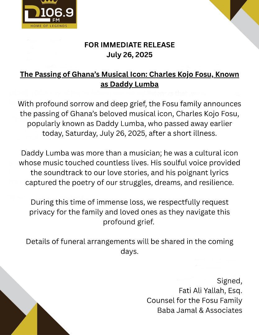 Official statement confirming the passing of Daddy Lumba signed by the family lawyer.