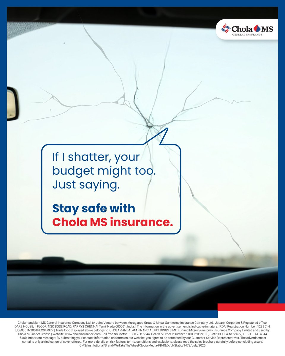 One crack shouldn’t cost your calm.
Chola MS Insurance keeps you covered, without the chaos.

#CholaMS #StayInsured #StayProtected #SimpleHai #WeTakeTheWheel