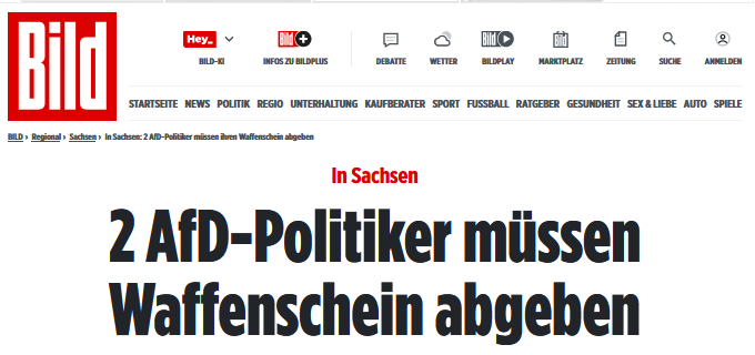 Zwei Leipziger Stadträte der AfD müssen ihre Waffenbesitzkarte abgeben - "charakterlich ungeeignet". 👍