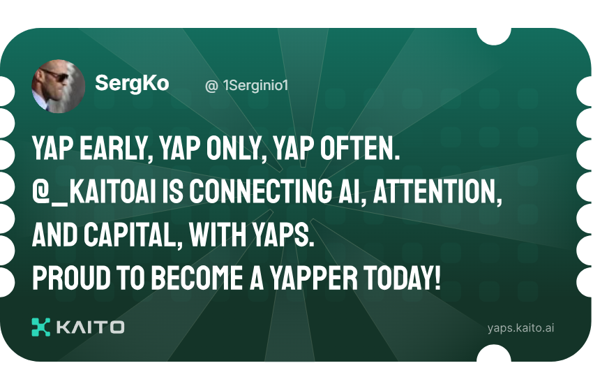 Yap early, yap only, yap often.

<a href="/KaitoAI/">Kaito AI 🌊</a> is connecting AI, attention and capital with Yaps.

Just claimed my social card and I'm accumulating Yap points in real-time.

Claim yours 👉 yaps.kaito.ai/referral/95552…