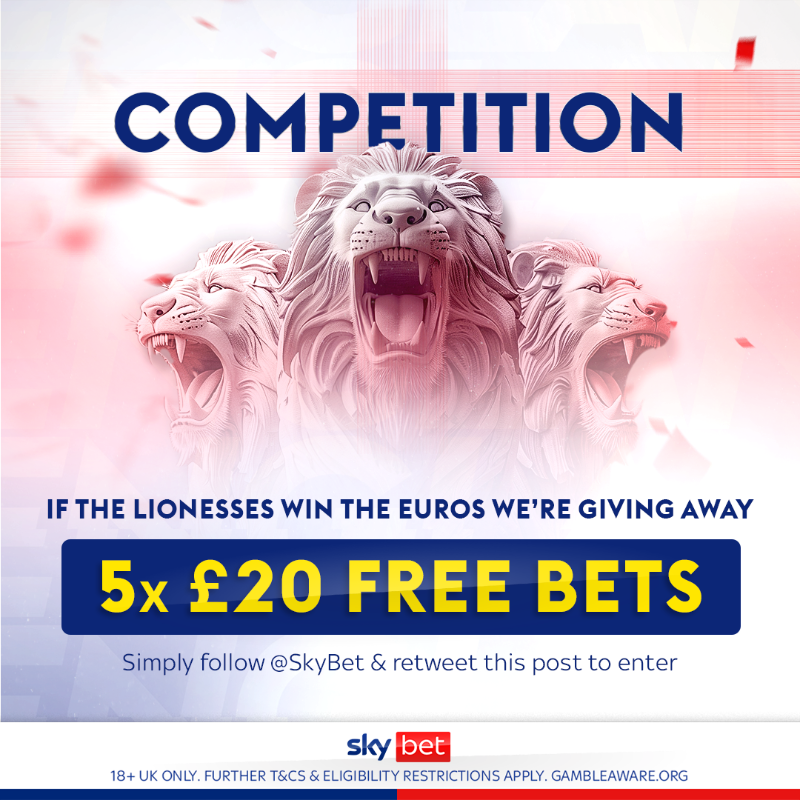 SkyBet's tweet photo. The Lionesses have reached back-to-back Euros finals! 🏴󠁧󠁢󠁥󠁮󠁧󠁿

IF they win this evening, we're giving away 5x £20 free bets to celebrate their triumph 🙌

Simply follow @SkyBet and share this post for your chance to win 🔃

T&amp;Cs apply 👇