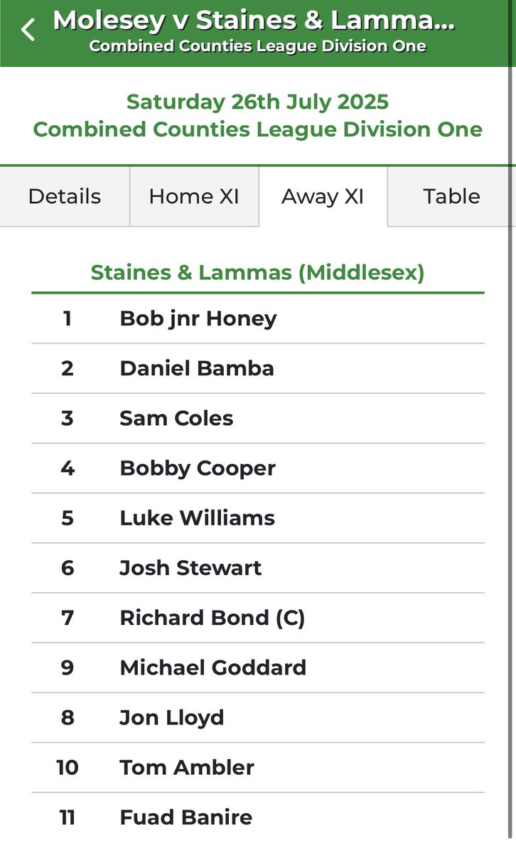 SLammasMiddxFC's tweet image. Here is today’s starting line-up to take on @molesey_fc