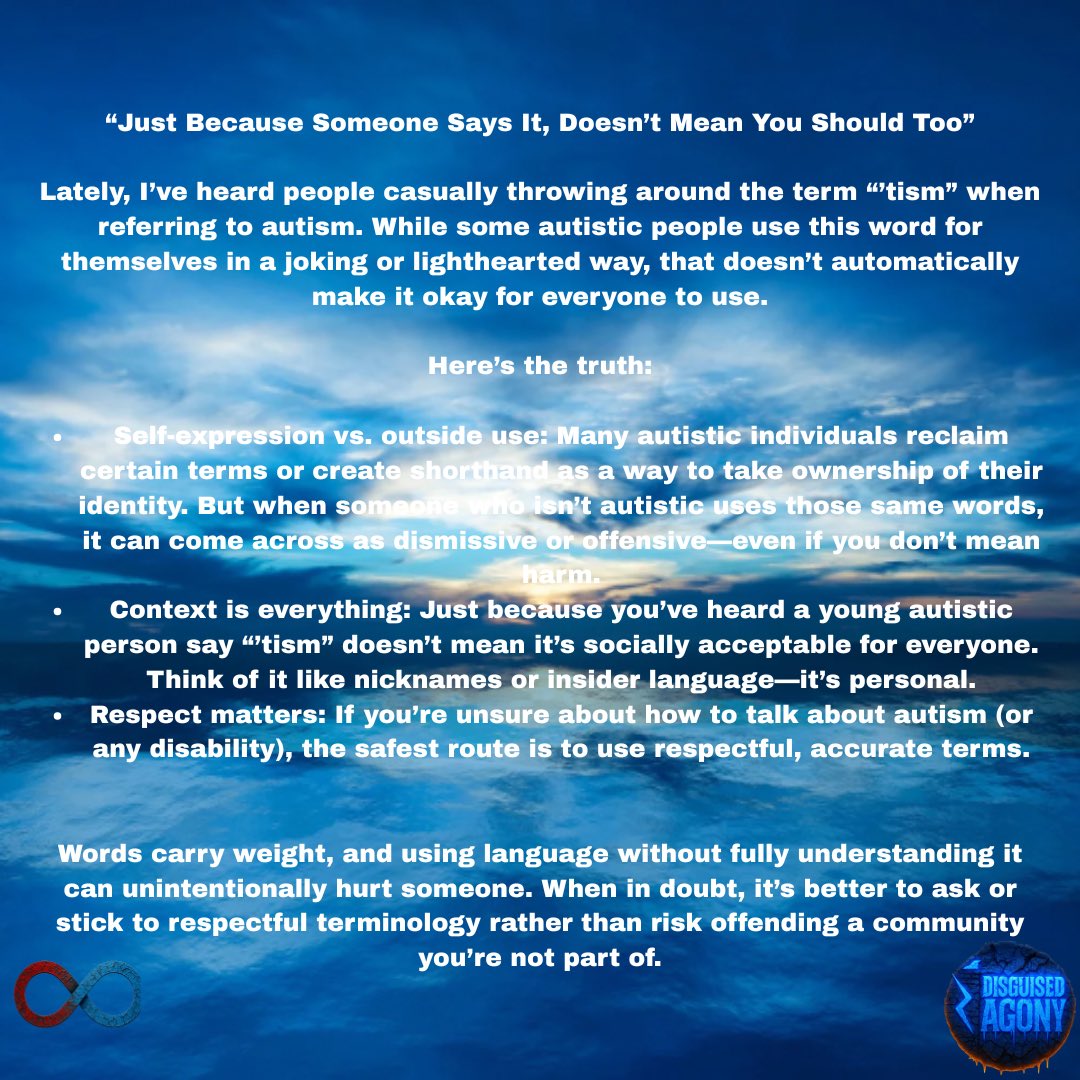 disguisedagony's tweet image. #AutismAcceptance #DisabilityAwareness #RespectfulLanguage #AutisticVoices #Neurodiversity #BeKind #WordsMatter #AutismCommunity #InclusionMatters
