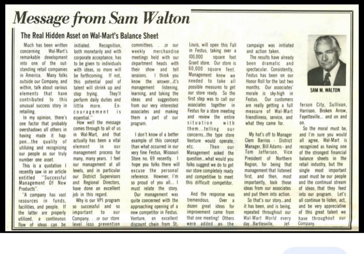 F_Compounders's tweet image. Sam Walton states the major contributor to Walmart’s success.