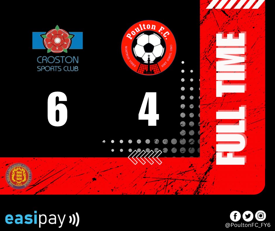 Poulton FC (@poultonfc_fy6) on Twitter photo FULL TIME SCORE
<a href="/crostonsc/">Croston Sports Club</a> 6
Poulton 4
#poultonfc🔴⚫️ | #UTP | #FY6ers | #FullTime FULL TIME SCORE
<a href="/crostonsc/">Croston Sports Club</a> 6
Poulton 4
#poultonfc🔴⚫️ | #UTP | #FY6ers | #FullTime